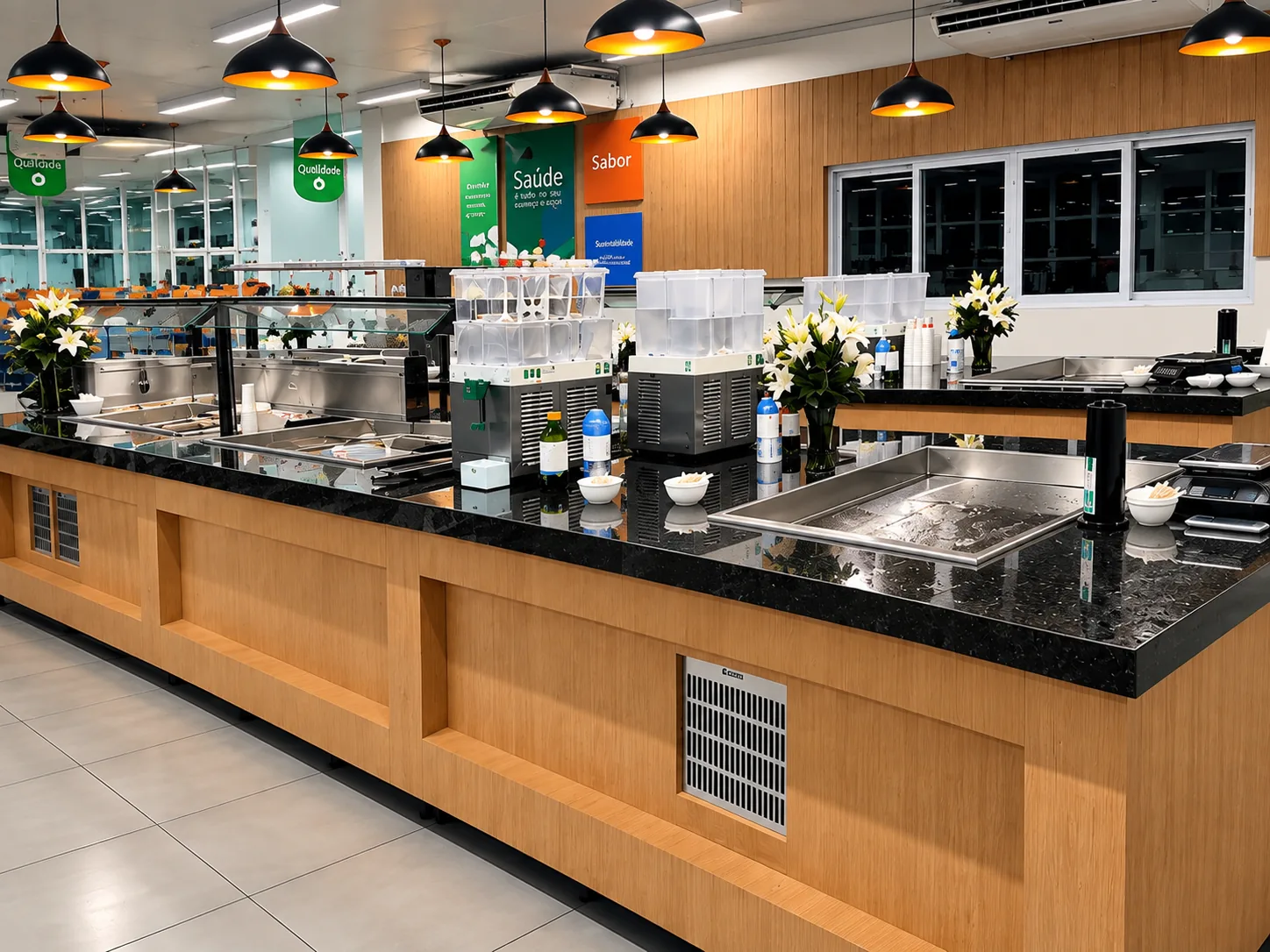 Balcão de bebidas com refresqueiras, copos e tampo de granito, com frente em madeira e grelha de ventilação em inox, em refeitório com luminárias pendentes