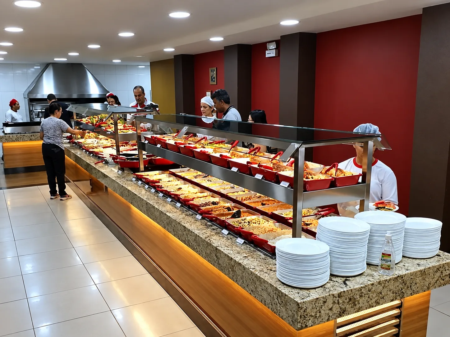 Buffet de restaurante em funcionamento, com cubas em inox, tampo de granito, iluminação embutida e salão atendendo clientes