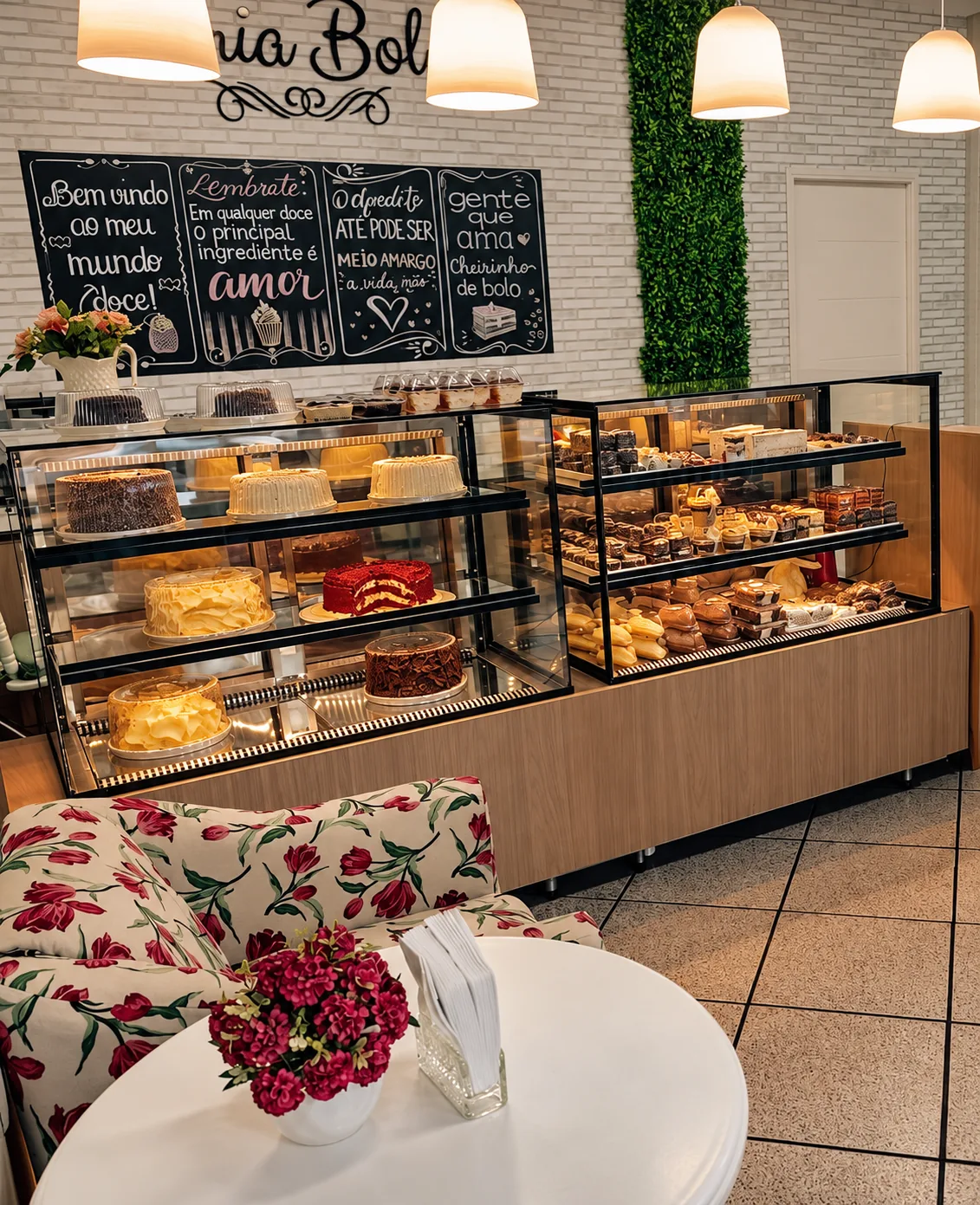 Duas vitrines refrigeradas de confeitaria com estrutura preta, bolos inteiros em uma e doces e fatias na outra, sobre base em madeira